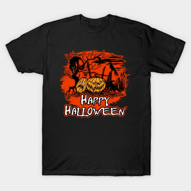 Happy Halloween Graveyard Pumpkins Cat and Crows T-Shirt by RadStar